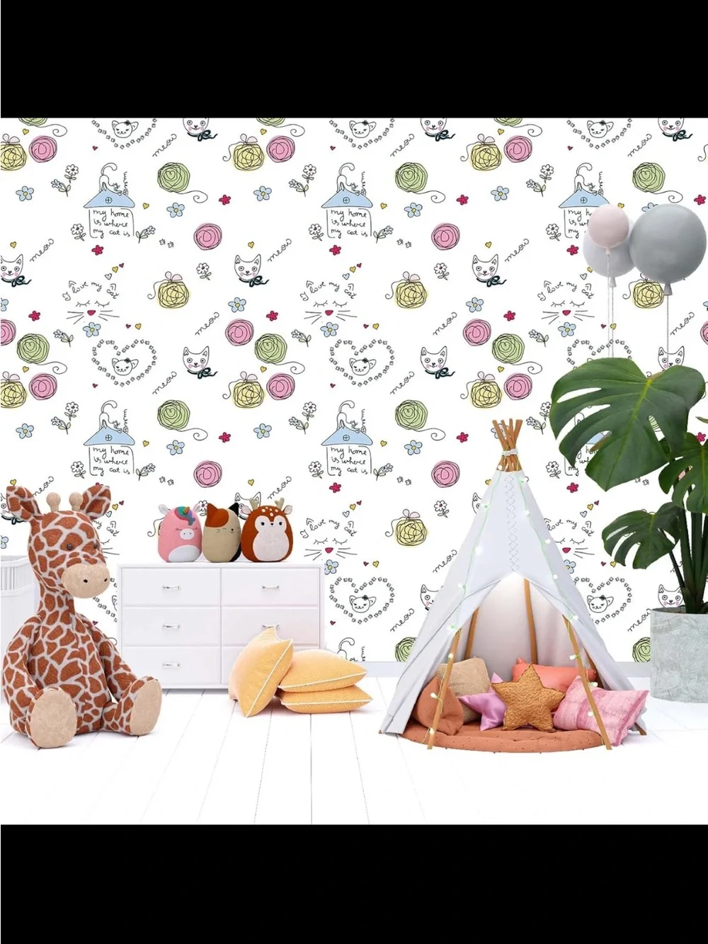 3 Rolls of Cute Cat & Floral Pattern Print Peel and Stick Wallpaper